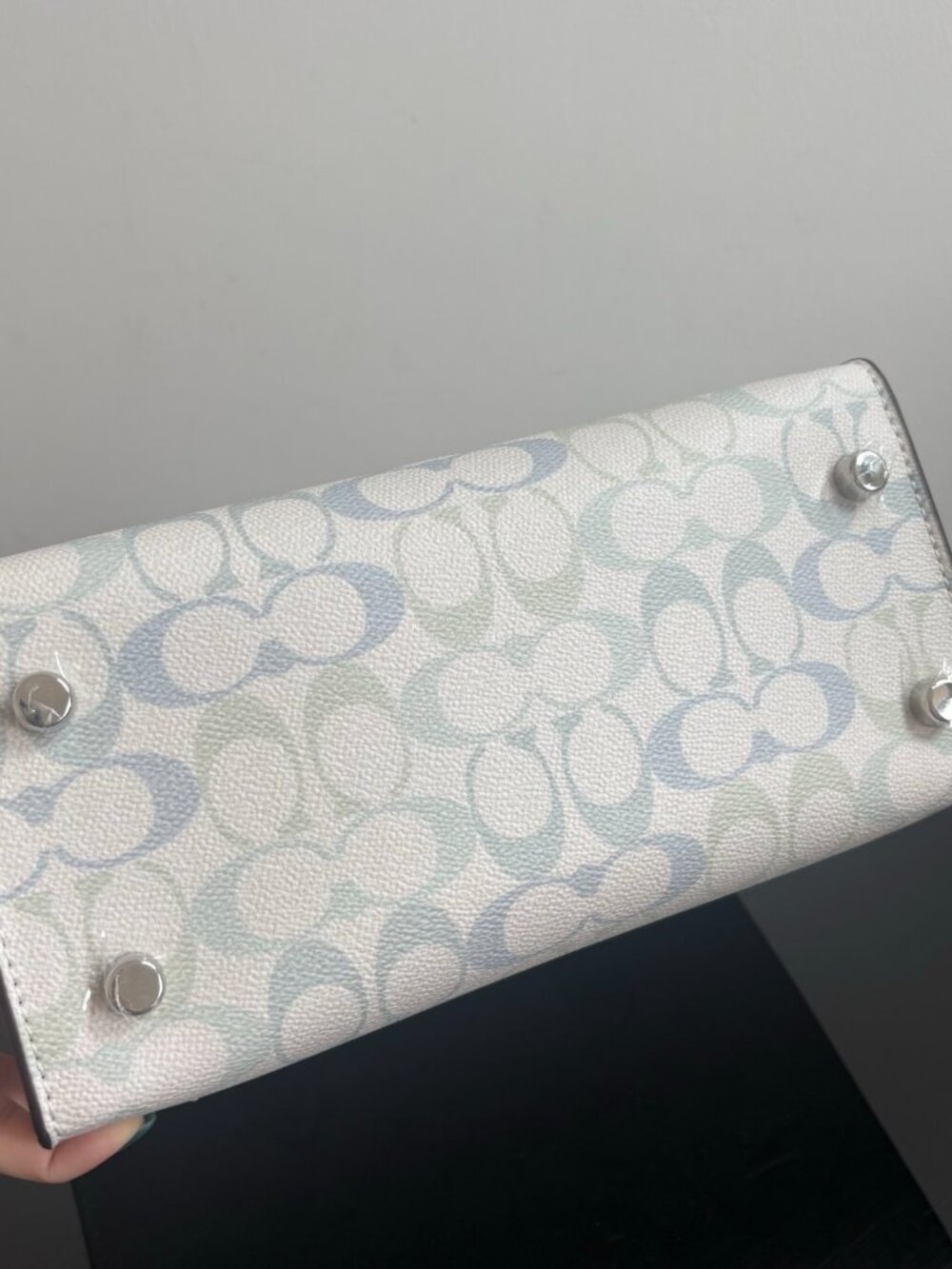 💧Coach White Pastel Logo Mini Tote Bag Light Blue Trim Crossbody - Picture 5 of 10